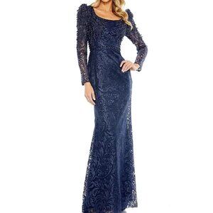 Mac Duggal 11187 Blue Embroidered Lace Applique Shoulder Detail Trumpet Gown  8